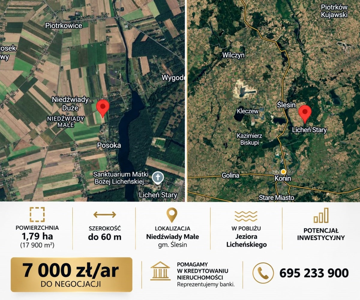 Działka inwestycyjna 1,79 ha – blisko jeziora! — Niedźwiady Małe, gm Ślesin